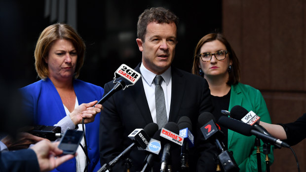 Attorney General Mark Speakman, with Member for Oxley Melinda Pavey and Minister for Aborigional Affairs Sarah Mitchell, addresses the media on the Bowraville case on Thursday. 