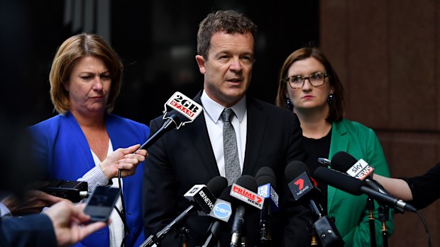 Attorney General Mark Speakman, with Member for Oxley Melinda Pavey and Minister for Aborigional Affairs Sarah Mitchell, addresses the media on the Bowraville case on Thursday. 