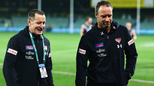 John Worsfold and Ben Rutten during the Bombers' loss to Port Adelaide on Saturday. 