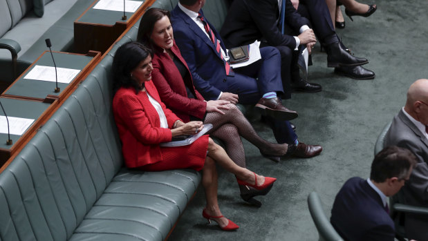 Liberal MP Julia Banks and Minister for Jobs, Industrial Relations and Women Kelly O'Dwyer during a division on  Monday.