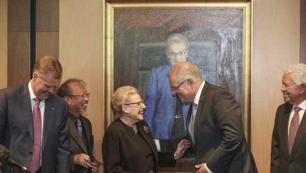 Speaker Tony Smith, artist Jiawei Shen and Prime Minister Scott Morrison at the unveiling of Bronwyn Bishop's official portrait.