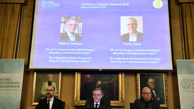 William Nordhaus was named for integrating climate change into long term macroeconomic analysis and Paul Romer was awarded for factoring technological innovation into macroeconomics.