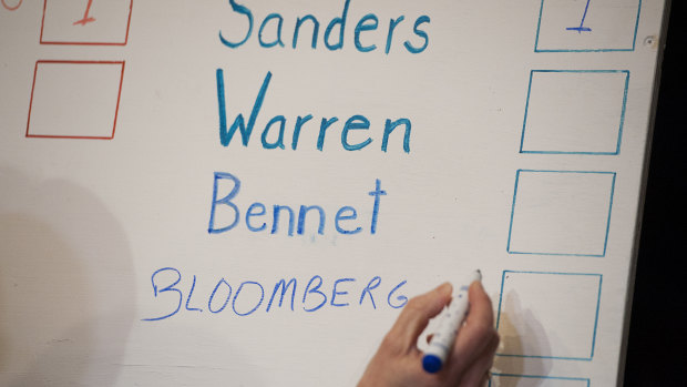 The name of Democratic candidate and former New York Mayor Michael Bloomberg is written on the tote board in the nation's first presidential primary, in Dixville Notch, NH.