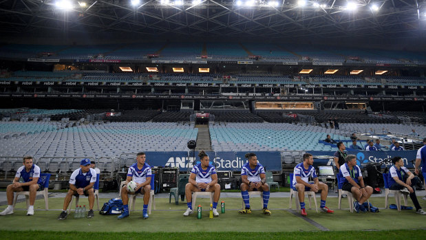 A general view of the Bulldogs bench during the round two NRL match between the Canterbury-Bankstown Bulldogs and North Queensland Cowboys at ANZ Stadium.