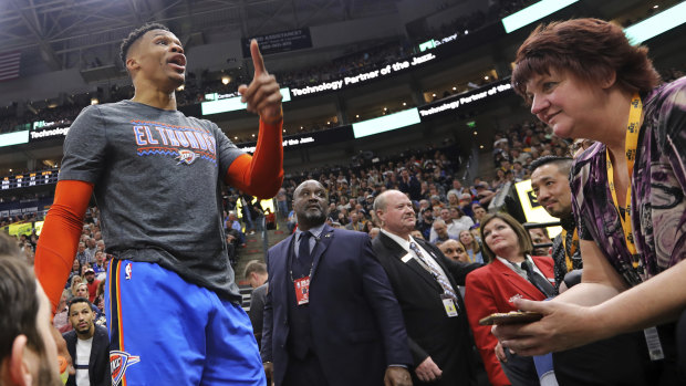Russell Westbrook, then with the Oklahoma City, gets into a heated verbal altercation with fans at Vivint Smart Home Arena on March 11.