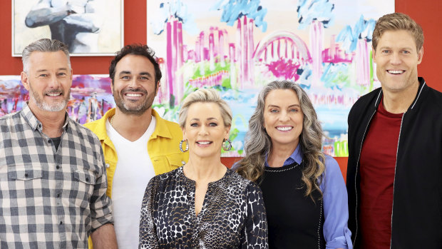 Barry Du Bois, Miguel Maestre, Amanda Keller, Gretel Killeen and Chris Brown in The Living Room, which has been given an unnecessary makeover.