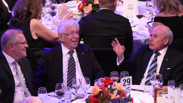 Prime Minister Scott Morrison, Lowy Institute founder Frank Lowy and former prime minister John Howard.