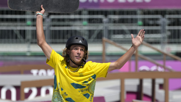 Keegan Palmer celebrates the inaugural men’s park skateboarding gold medal.