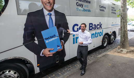 Opposition Leader Matthew Guy and his campaign bus.