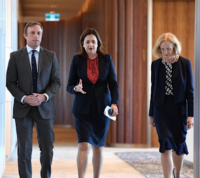 Queensland Health Minister Steven Miles, Premier Annastacia Palaszczuk and Chief Health Officer Dr Jeannette Young.