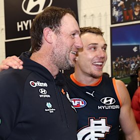 Josh Fraser and Patrick Cripps after beating Geelong.