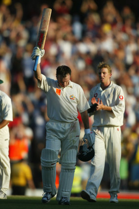 Steve Waugh celebrates his Perfect Day’ century in 2003 at the SCG.