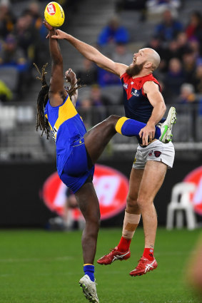 Max Gawn wins a hit-out against West Coast’s Nic Naitanui.