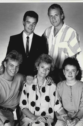 One of the oldest families on Neighbours, the Robinson family: Paul (Stefan Dennis), from back to front, Jim (Alan Dale); Scott (Jason Donovan), Helen (Anne Haddy) and Lucy (Sasha Close) in 1987. 
