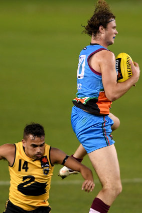 Front position: Allies' Kieren Briggs takes a mark against Western Australia at the under-18 championships at Etihad Stadium.