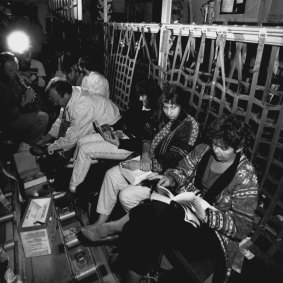 Inside the RAAF Hercules that was used to transport stranded passengers to Canberra during the pilots' strike, August 25, 1989.