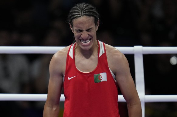 Imane Khelif after defeating Hungary’s Anna Hamori in their women’s 66kg quarter-final boxing match.