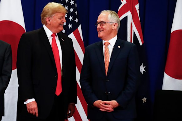 Former prime minister Malcolm Turnbull with Donald Trump in 2017; he says Trump offered to sell nuclear-powered submarines to Australia at that time. 