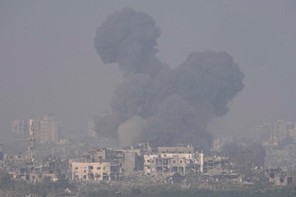 Smoke rises following an Israeli airstrike in the Gaza Strip, as seen from southern Israel.