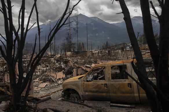 A devastated residential neighbourhood in Jasper, in the Canadian Rocky Mountains.