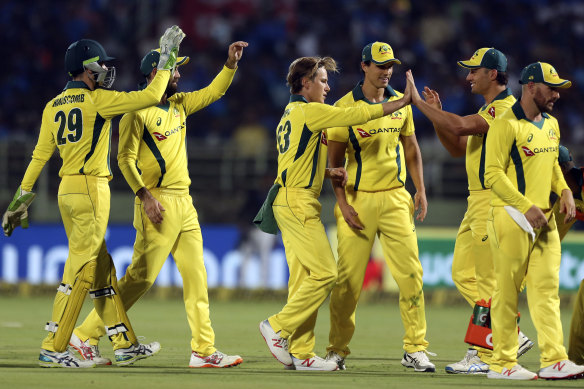 The Australians celebrate a wicket during the first of their Twenty20 wins over India in February.