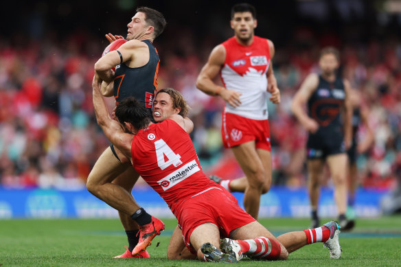 Toby Greene of the Giants is tackled by James Rowbottom and Brodie Grundy of the Swans.