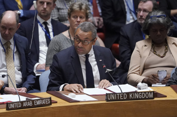 Britain’s Foreign Secretary James Cleverly looks at Russia’s Foreign Minister Sergey Lavrov leaves the chambers while he is speaking during a high-level Security Council meeting on the situation in Ukraine. 