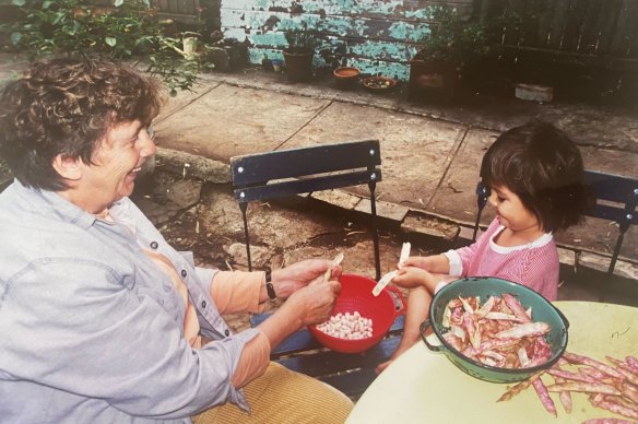 Shelling beans with Mama.