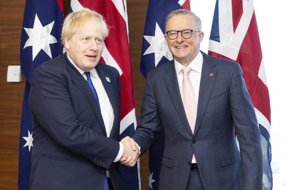 British PM Boris Johnson meets with Australian PM Anthony Albanese at a bilateral meeting, during Albanese’s visit to attend the NATO leaders’ summit in Madrid, Spain, on Wednesday, June 29, 2022. 