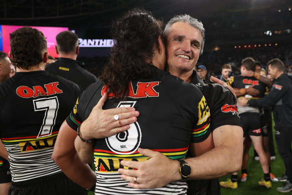 Jarome Luai and coach Ivan Cleary after Penrith’s 2023 grand final triumph.