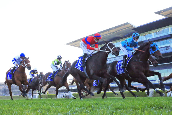 Mo’unga (blue silks) gets the better of Verry Elleegant in the Winx Stakes.