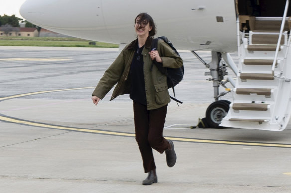 Sala on the tarmac after she landed at Rome’s Ciampino airport.