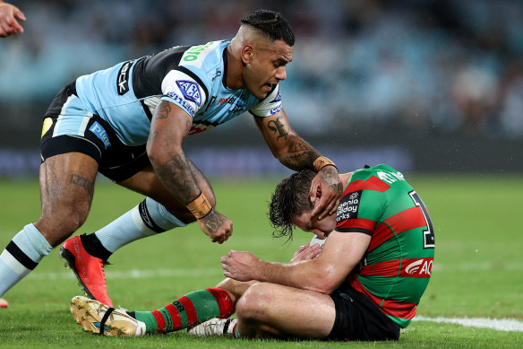 The hit that forced Cameron Murray out of the game and earned Sione Katoa a one-week suspension.