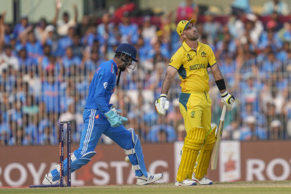 Glenn Maxwell is not happy about being bowled by Kuldeep Yadav.