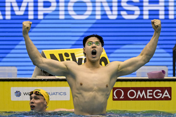Qin Haiyang celebrates his 2023 world championship win against Australia’s Zac Stubblety-Cook in the men’s 200m breaststroke.