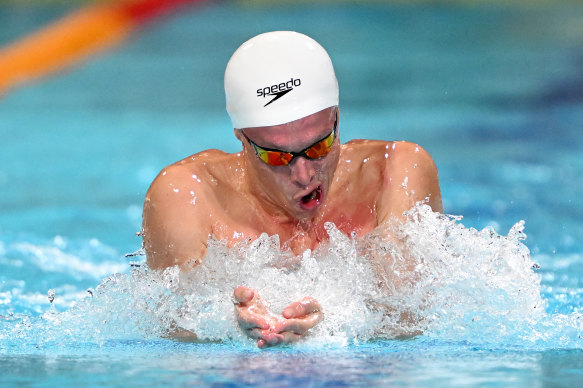 Zac Stubblety-Cook competes in the 100m breaststroke on Monday. 