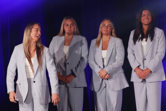 Kezie Apps, Caitlan Johnston, Olivia Higgins and Millie Elliott at the unveiling of the NSW team.