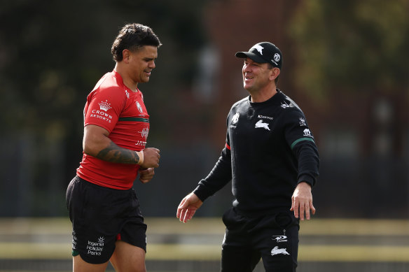Jason Demetriou at training with Latrell Mitchell in August.