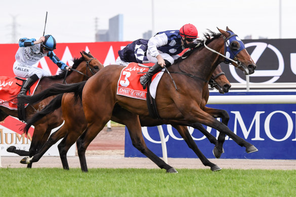 Johnny Get Angry takes last year’s Victoria Derby at Flemington.
