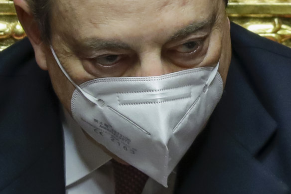 Italy’s  new Prime Minister Mario Draghi in the Senate in Rome before submitting his government to a vote of confidence.