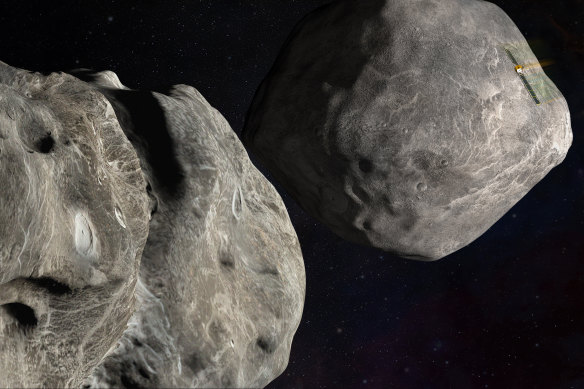 An illustration of NASA’s DART probe (upper right), which is on course to collide with the asteroid, Dimorphos (left). 