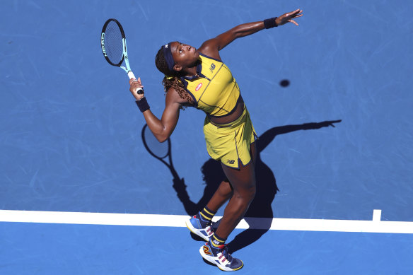 Coco Gauff of the US serves to Anna Karolina Schmiedlova of Slovakia.