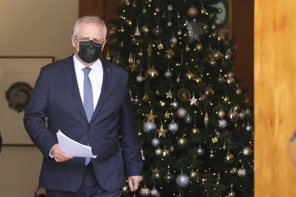 Prime Minister Scott Morrison arriving at Wednesday’s press conference.