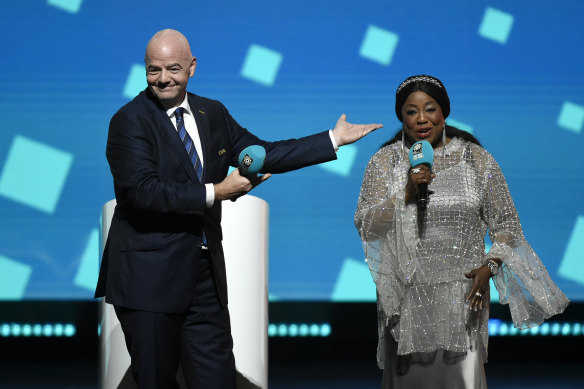 FIFA president Gianni Infantino and secretary-general Fatma Samoura speak at last month’s 2023 Women’s World Cup draw in Auckland.