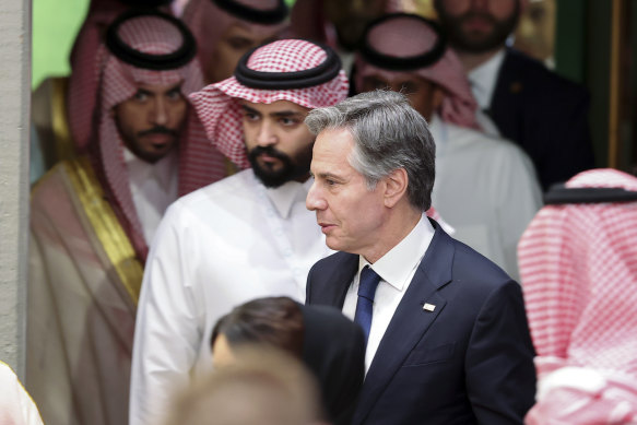 Secretary of State Antony Blinken looks on as he attends a joint news conference with Saudi Arabia’s Foreign Minister Prince Faisal bin Farhan at the Intercontinental Hotel in Riyadh.