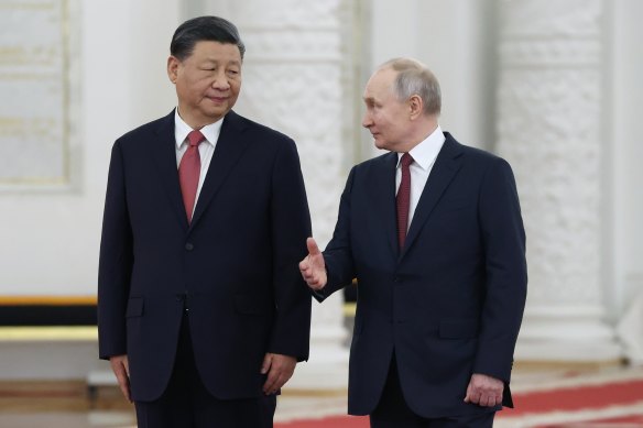 Vladimir Putin with Xi Jinping at The Grand Kremlin Palace in Moscow in March. 