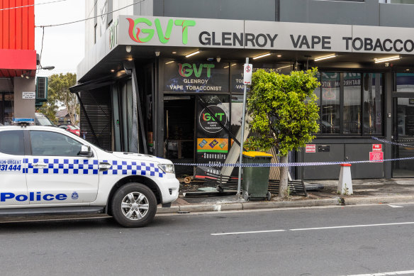 Police say a black BMW rammed the roller door of a Glenroy tobacco shop on Wheatsheaf Road at 2.30am on Monday.