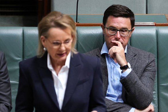 A líder da oposição, Sussan Ley, e o líder dos nacionais, David Littleproud, na Câmara dos Representantes na última quarta-feira.