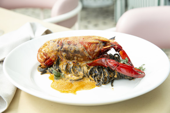 The signature pasta with chargrilled marron, squid-ink spaghetti and crab.