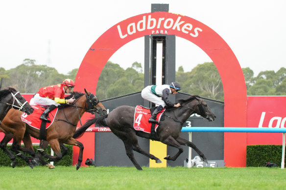 Little Brose, ridden by Michael Dee, wins the Blue Diamond Stakes on Saturday.